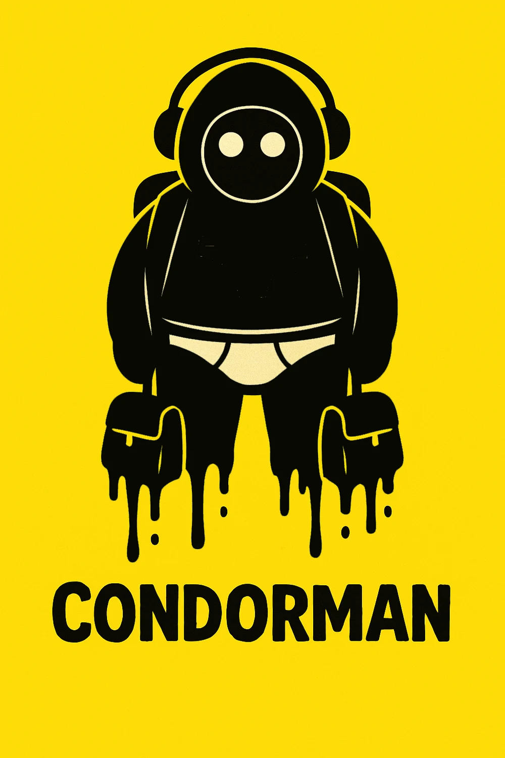 Condorman de face sur fond jaune, sacs et mains dégoulinants.