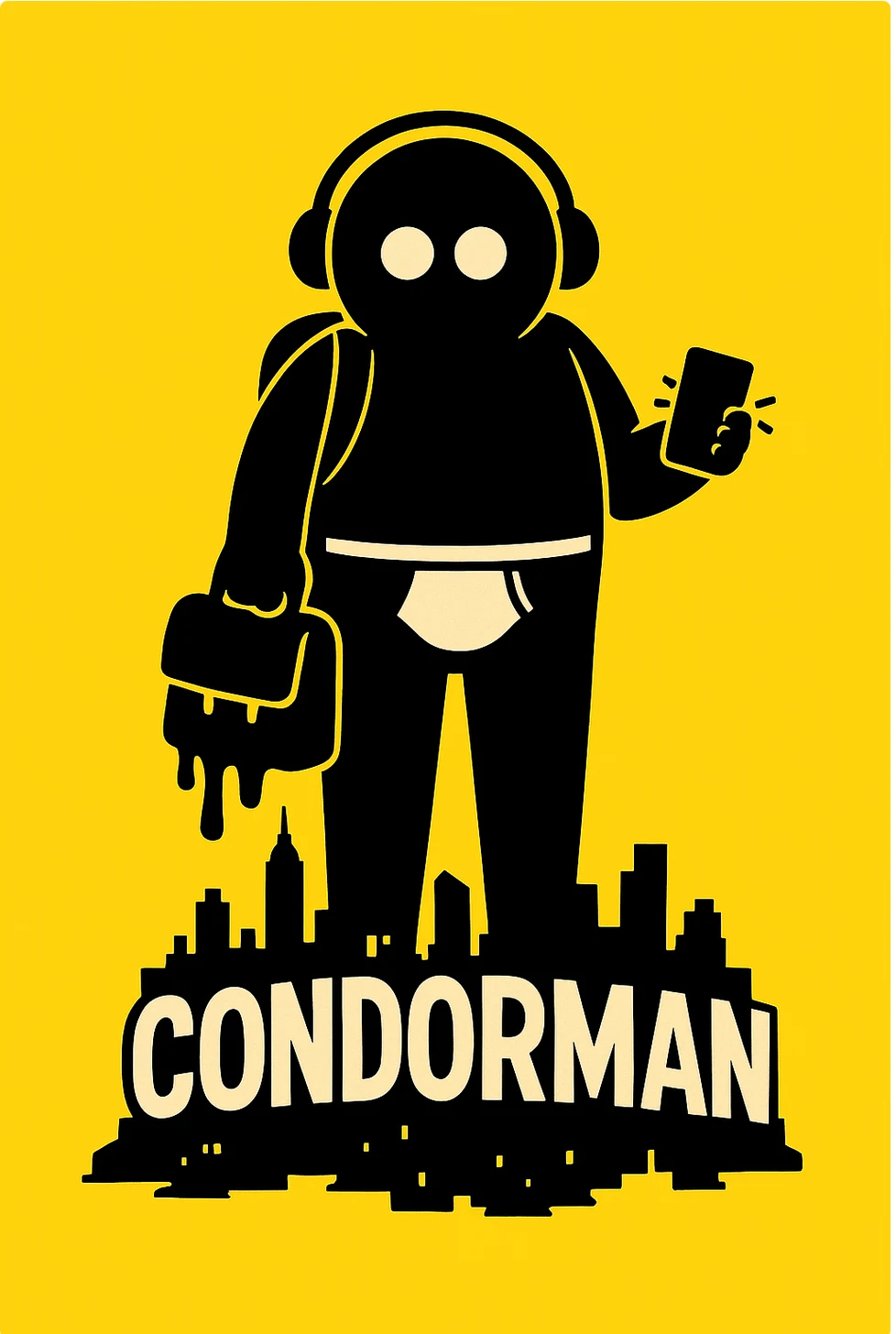 Condorman tient son téléphone au-dessus d’une silhouette de ville.