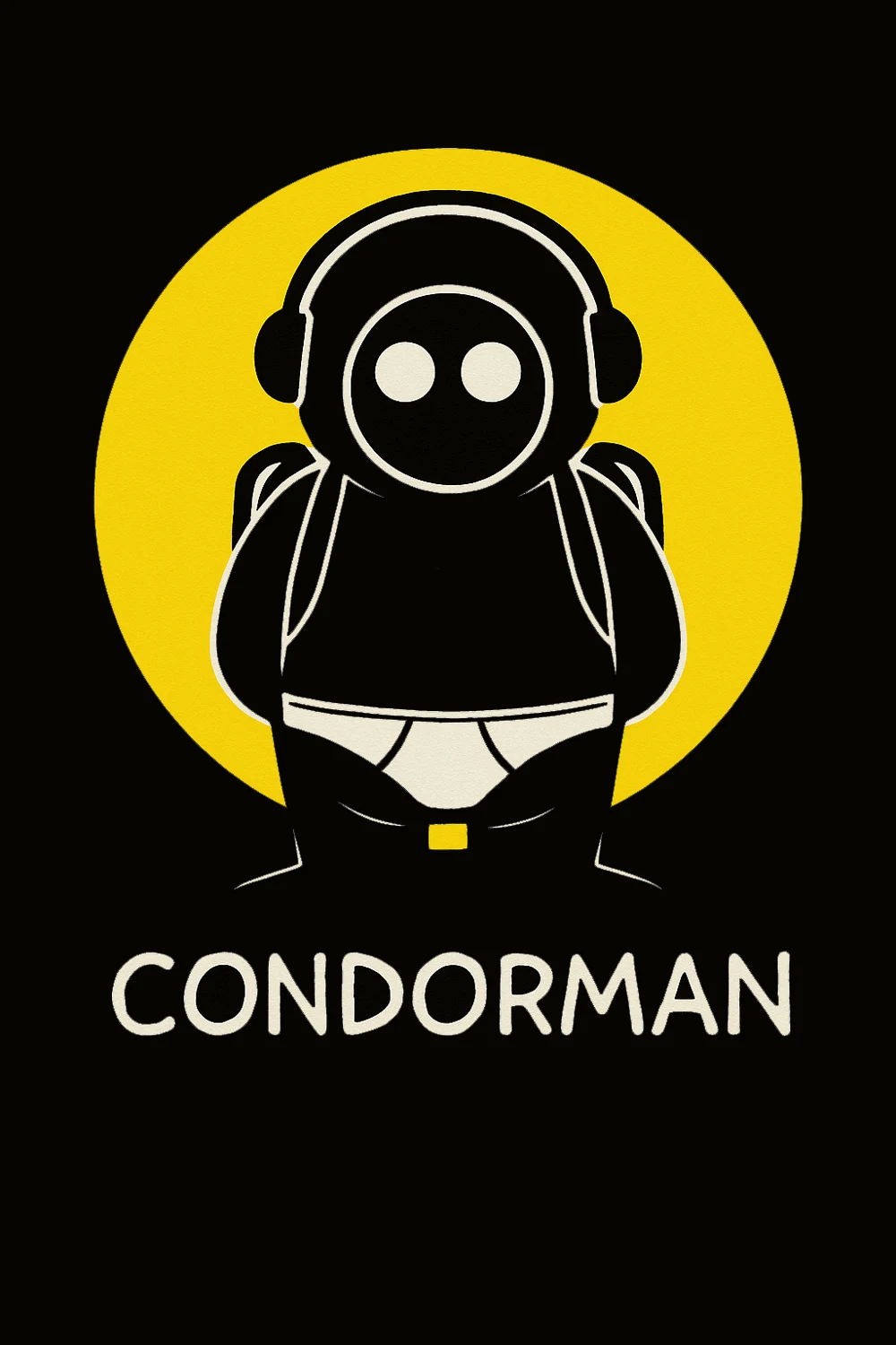 Condorman devant un grand disque jaune sur fond noir.
