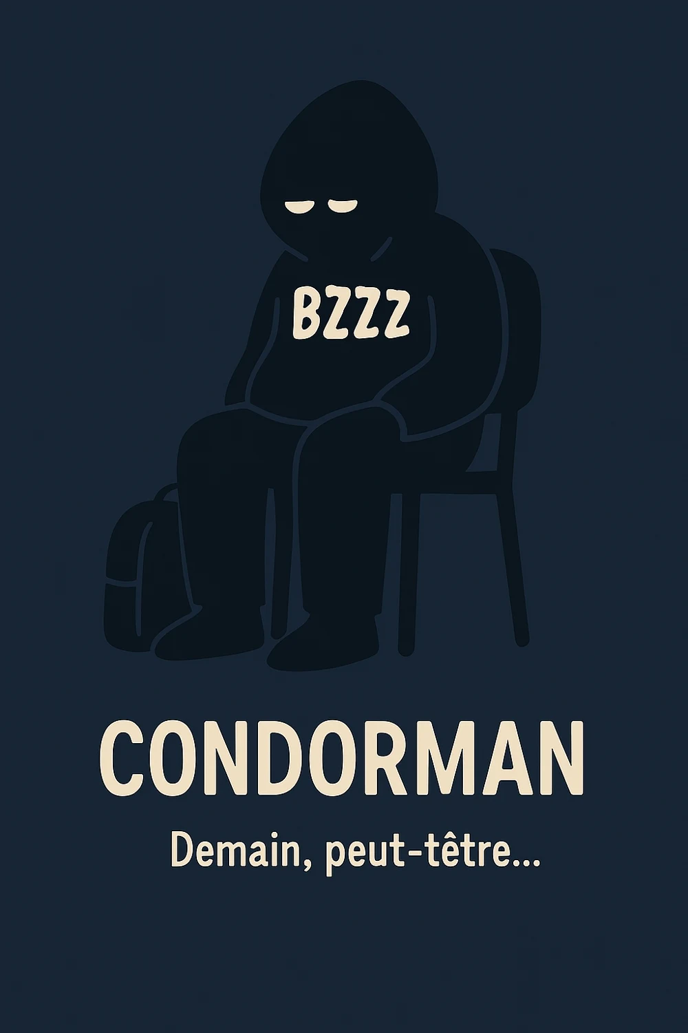 Condorman assis et affaissé sur une chaise, sur fond bleu sombre.