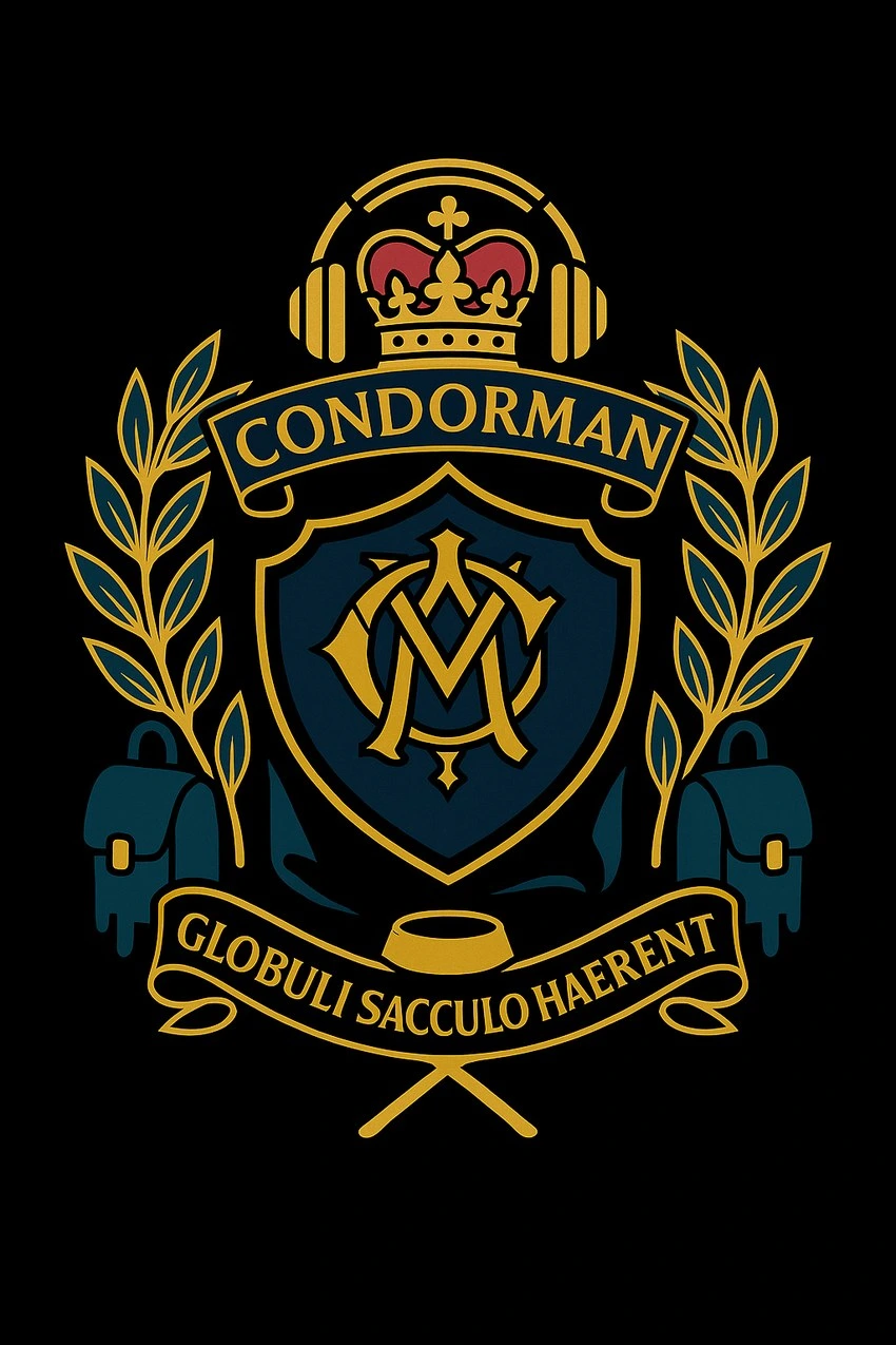 Blason officiel Condorman : couronne et casque, écu monogrammé, lauriers et sacs, en bleu pétrole, jaune-or et bordeaux.