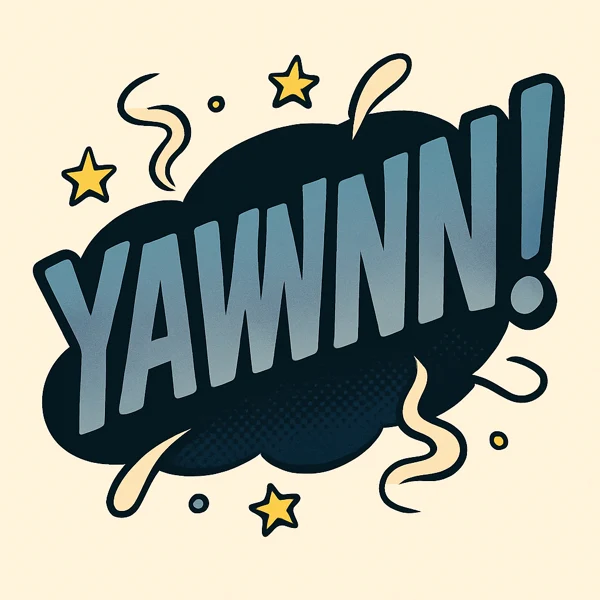 YAWNNN! en grandes lettres bleues sur fond ivoire.