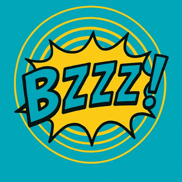BZZZ! dans une bulle jaune sur fond bleu.