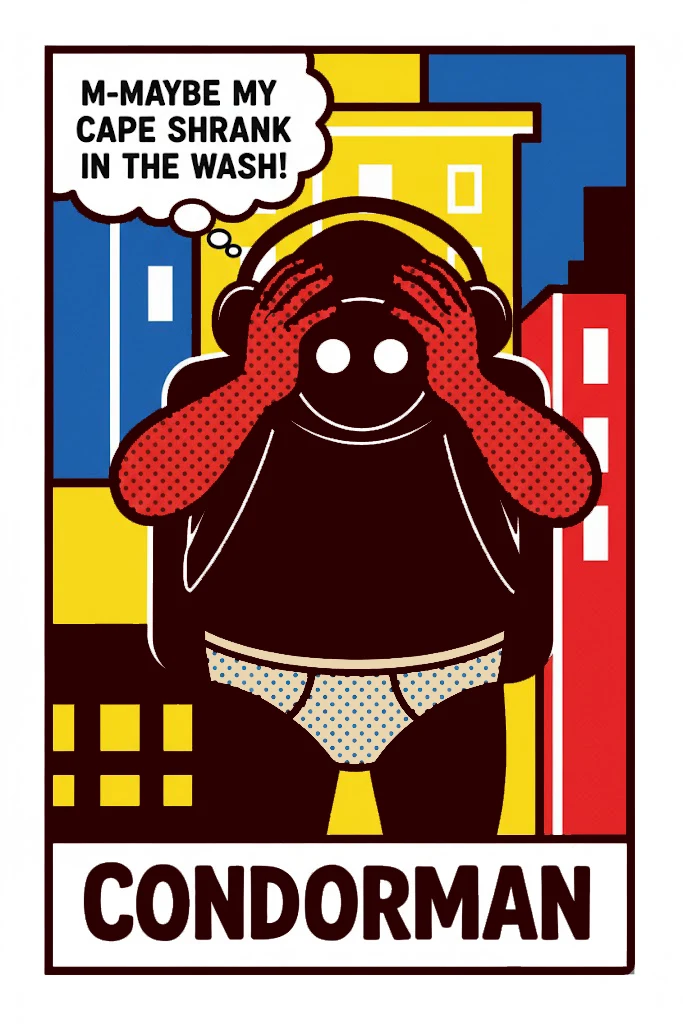 Condorman en case de comics rouge, jaune et bleue, les mains sur son casque.
